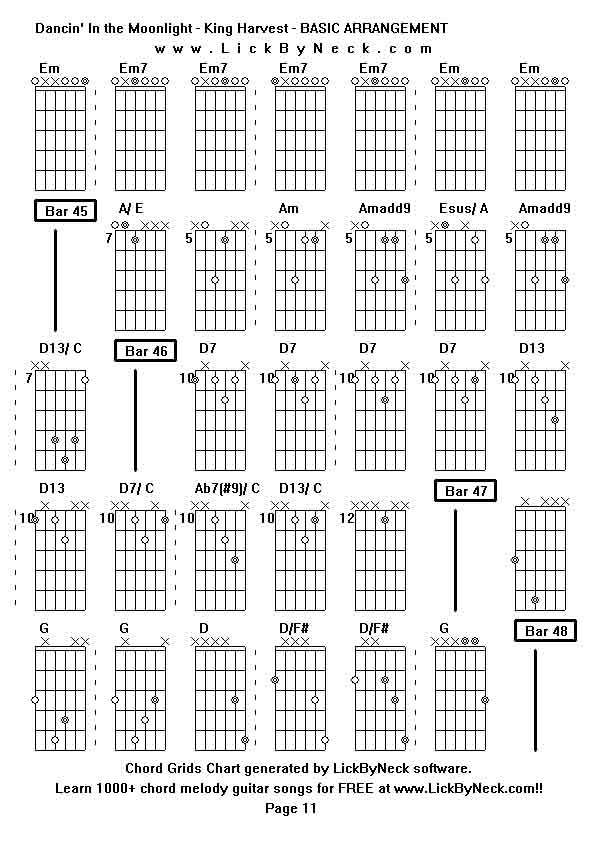 Chord Grids Chart of chord melody fingerstyle guitar song-Dancin' In the Moonlight - King Harvest - BASIC ARRANGEMENT,generated by LickByNeck software.